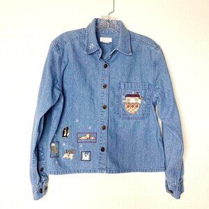 Christopher & Banks Embroidered Noah’s Ark Denim Button Up Long Sleeve Shirt